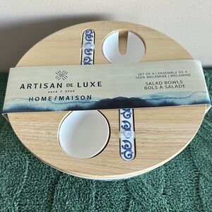 Artisan de Luxe Salad 🥗 Bowl & Matching Spoons Covered Lid Blue Scroll NEW!
